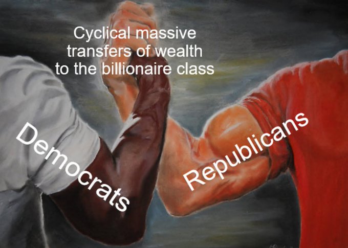 Two muscular arms—one labeled "Democrats" (in white) and the other "Republicans" (in red)—clasp hands at the top, with text above reading "Cyclical massive transfers of wealth to the billionaire class." The image illustrates that despite partisan differences, both parties collectively channel wealth upward, reinforcing the post's message that real innovation lies in building outside this entrenched political-financial system rather than navigating it.