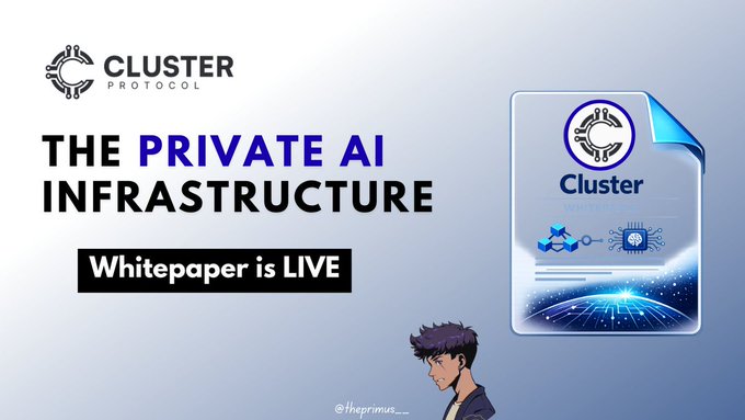 The image features a white paper with black text that says "Cluster Protocol just released its whitepaper, and after going through it, one thing is clear ... they're building far more than an AI platform." The main focus of this image is on the whitepaper, which is related to the Cluster Protocol. There are two people in the image: a man standing next to the paper and another person sitting down behind him.