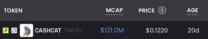 The image shows a token listing table displaying CASHCAT/WETH with a market cap of $121.0M, a price of $0.1220, and an age of 20 days, providing context for the post about the now-easier ability to purchase the once hard-to-buy $CASHCAT token.