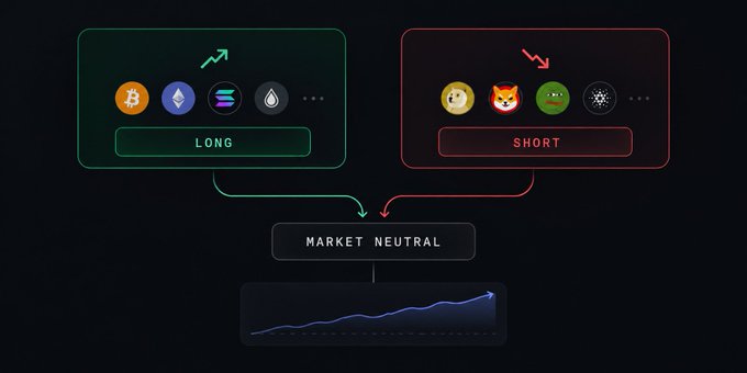 A market-neutral crypto trading diagram showing LONG positions on Bitcoin, Ethereum, Solana and SHORT positions on meme coins Dogecoin, Shiba, Pepe and Cardano, resulting in a neutral upward trend.