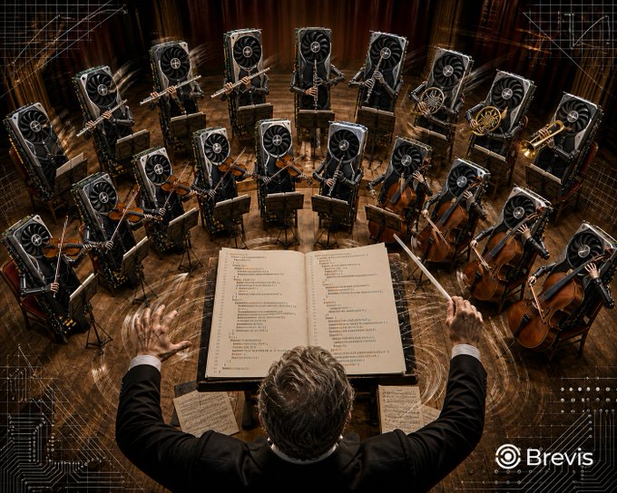 A surreal AI-generated image depicts a conductor leading an orchestra whose musicians are computer graphics cards holding traditional instruments, with the 'Brevis' logo in the corner.