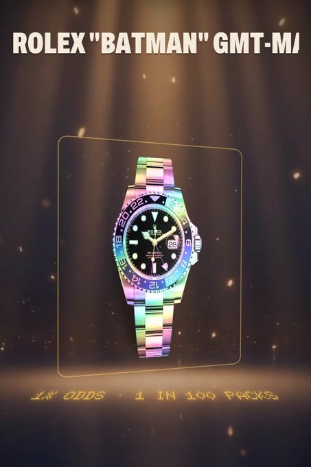 A colorful Rolex “Batman” GMT-Master watch is centered against a glowing, space-like background, with the headline “ROLEX ‘BATMAN’ GMT-MA” and “24K OROBS / 1 IN 100 PACKS” visible. The post highlights the luxury watch as a prize for Pump.fun KOLs, claiming they won one on their second pack.