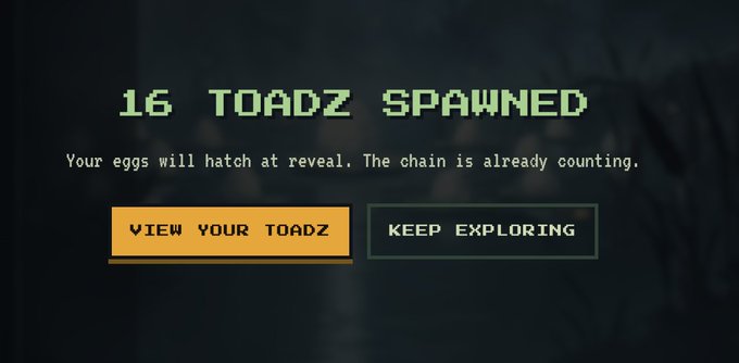 A digital interface displaying the text "16 TOADZ SPAWNED" and "Your eggs will hatch at reveal. The chain is already counting." with options to "VIEW YOUR TOADZ" or "KEEP EXPLORING".