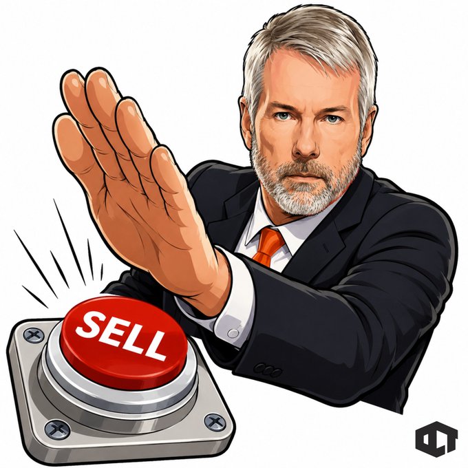 The image features a cartoon man dressed in a suit, with his hand raised over a red button that says "Sell" on it. The man appears to be trying to sell something or make an offer. In the background of the image, there is text that reads "What does Michael Saylor know? Q1 earnings call. Strategy reports a $12.5B accounting loss. Saylor and CEO Phong Le quietly open the door to". This suggests that the man in the cartoon might be involved in some sort of business or financial transaction related to the Q1 earnings report, possibly discussing the company's performance or making an offer on the stock market.