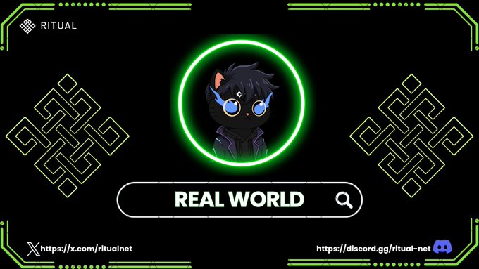 The image features a cartoon cat wearing glasses with neon green eyes, standing against a black background. The cat appears to be looking directly at the camera. Below the cat's head, there are two lines of text that read "Real World" and "What if smart contracts could interact with the real world?". These texts seem to be part of an advertisement or promotional material for a product or service related to real-world applications.

The image also includes a website address, which is "https://ritualnet.com/jez_cryptoz". This suggests that there might be some sort of online platform or application being promoted in the image.