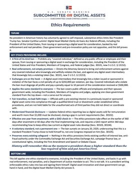The image shows a section titled "ETHICS REQUIREMENTS" from the U.S. Senate Banking Subcommittee on Digital Assets, outlining rules prohibiting the President and covered officials from issuing or sponsoring digital assets while in office. The document supports Senator Cynthia Lummis's statement about the CLARITY Act establishing higher ethical standards than legally required for federal officials regarding digital asset involvement.