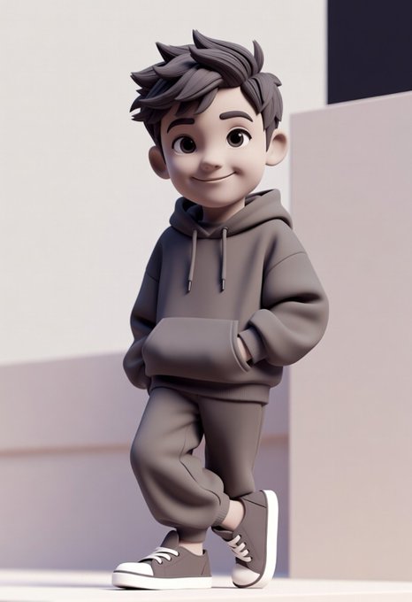 A 3D-rendered cartoon character of a young boy with messy dark hair, wearing a gray hoodie and matching sweatpants with sneakers, stands confidently with one hand in his pocket against a minimalist background. The stylized, animated figure complements the post's promotional message about NucleusCodes, adding a friendly, approachable visual to the Web3 campaign recommendation.