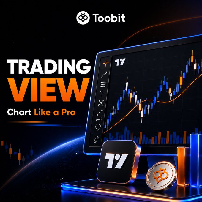 A promotional graphic for Toobit featuring the text "TRADING VIEW - Chart Like a Pro" alongside the Toobit logo, a 3D rendering of the TradingView platform displaying candlestick charts with a moving average indicator, and decorative Bitcoin and trading chart elements on a futuristic blue and orange background. The image visually reinforces the post's message about using advanced charting tools to analyze market trends and trade smarter.