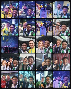 A grid collage features multiple candid photos of a young man interacting with various people at what appears to be a public event or convention, with one person wearing a 'CHALLENGE ACCEPTED' shirt.