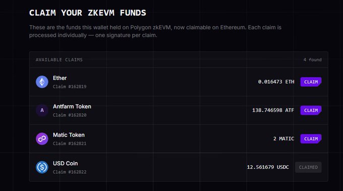 A "CLAIM YOUR ZKEVM FUNDS" webpage listing available claims of 0.016473 ETH, 138.746598 ATF, and 2 MATIC, with a claimed 12.561679 USDC.