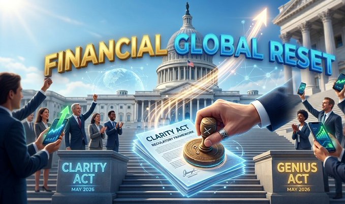 A vibrant graphic titled 'FINANCIAL GLOBAL RESET' set against the U.S. Capitol building, featuring a hand stamping the 'CLARITY ACT' document and banners labeled 'CLARITY ACT MAY 2026' and 'GENIUS ACT MAY 2026'.