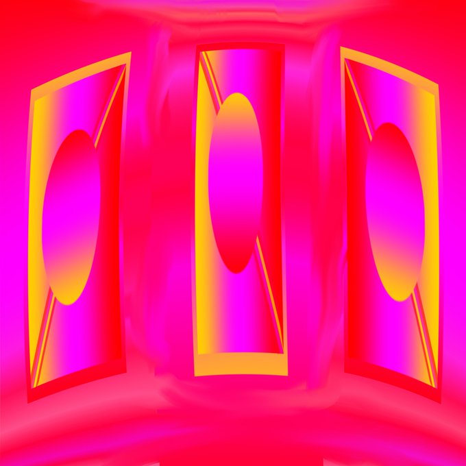 An abstract digital artwork featuring three symmetrical yellow and magenta panels set against a vibrant pink background with iridescent gradients.