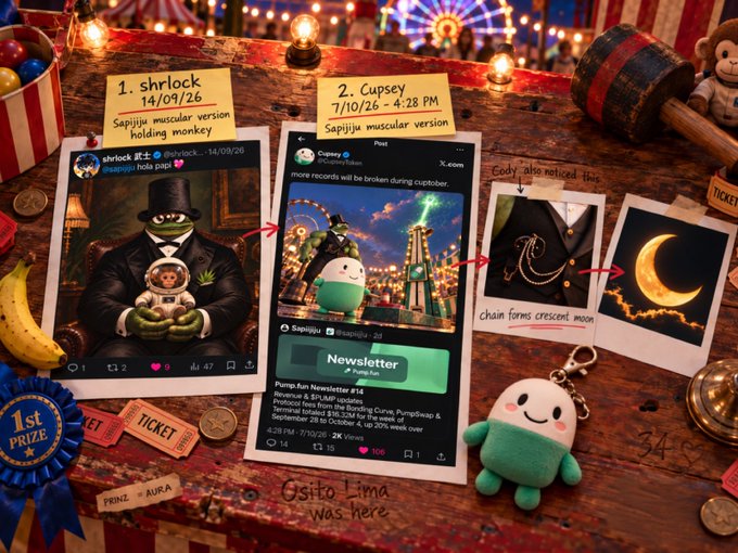 A detective-themed collage showing social media posts about 'shrlok' and 'Capsey' by Sapiijuu muscular monkey and Capyjau, with clues pointing to a chain forming a crescent moon, surrounded by carnival props, a hammer, and a plush keychain.