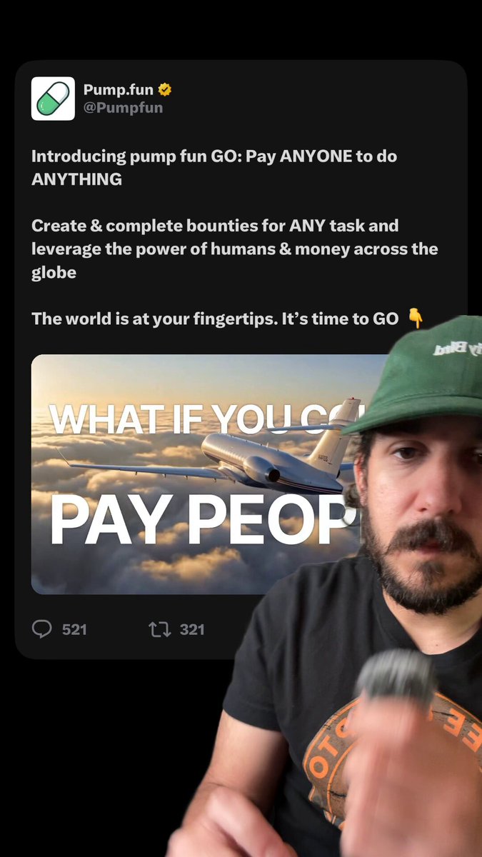 The image shows a man wearing an orange hat, holding a microphone, and standing next to a computer screen displaying a social media post from Pumpfun. The post seems to be about creating a bounty for money or rewarding someone with a cash prize for completing tasks related to pump fun activities. The post also mentions that the world is at your fingertips, which could imply that the man is trying to encourage people to participate in these activities and share their experiences on social media platforms.