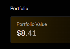The image features a screenshot of a page from a portfolio calculator, with the top left corner showing a square box filled with white text that reads "Portfolio Value" and another similar box below it displaying $8.41 as the value for portfolio value. In the bottom right corner, there is another small box containing more information about the current status or location of an investment. The screen is quite bright in color, making it easy to see all the elements on the page.