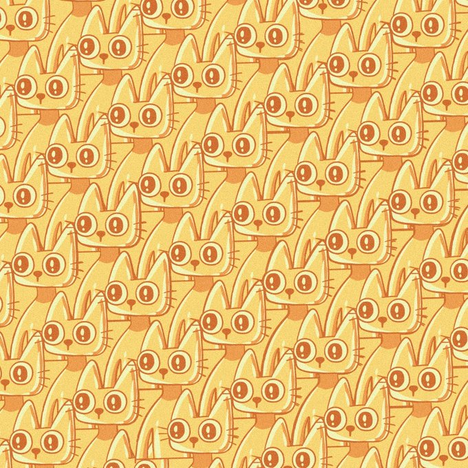 A repeating pattern wallpaper featuring stylized orange/yellow cat faces with large round eyes and pointed ears.