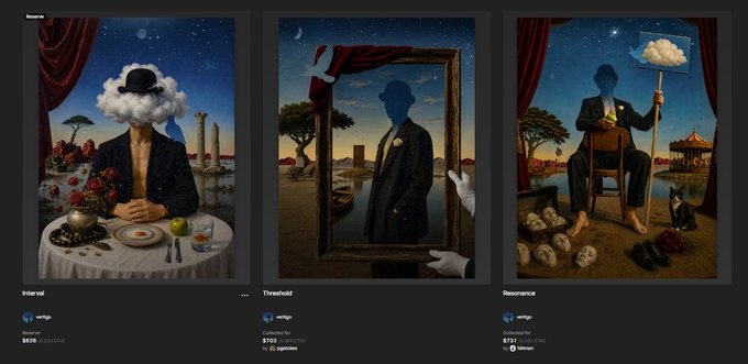 A digital art listing displays a surrealist triptych of paintings titled 'Interval,' 'Threshold,' and 'Resonance' by an artist named serbeg, showing faceless figures in bowler hats with cloud heads in dreamlike settings, priced around $425-$703.