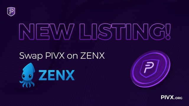 The image features a purple background with white text that reads "New listing!" and includes an illustration of a blue octopus, which appears to be a logo or symbol related to ZenX. The text also mentions that PIVX is listed on ZenX, suggesting that ZenX might be a platform for PIVX users to sell their items.