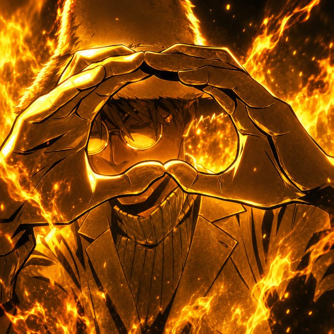 An anime-style illustration of a man in a suit smiling menacingly while forming a heart shape with his gloved hands, surrounded by intense flames and embers.