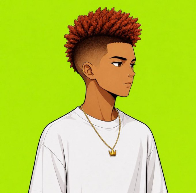 The image features a young man with red hair wearing a white shirt and gold chain necklace. The background of the image is green, which contrasts with the man's hair color. There are no texts or other objects present in the image.