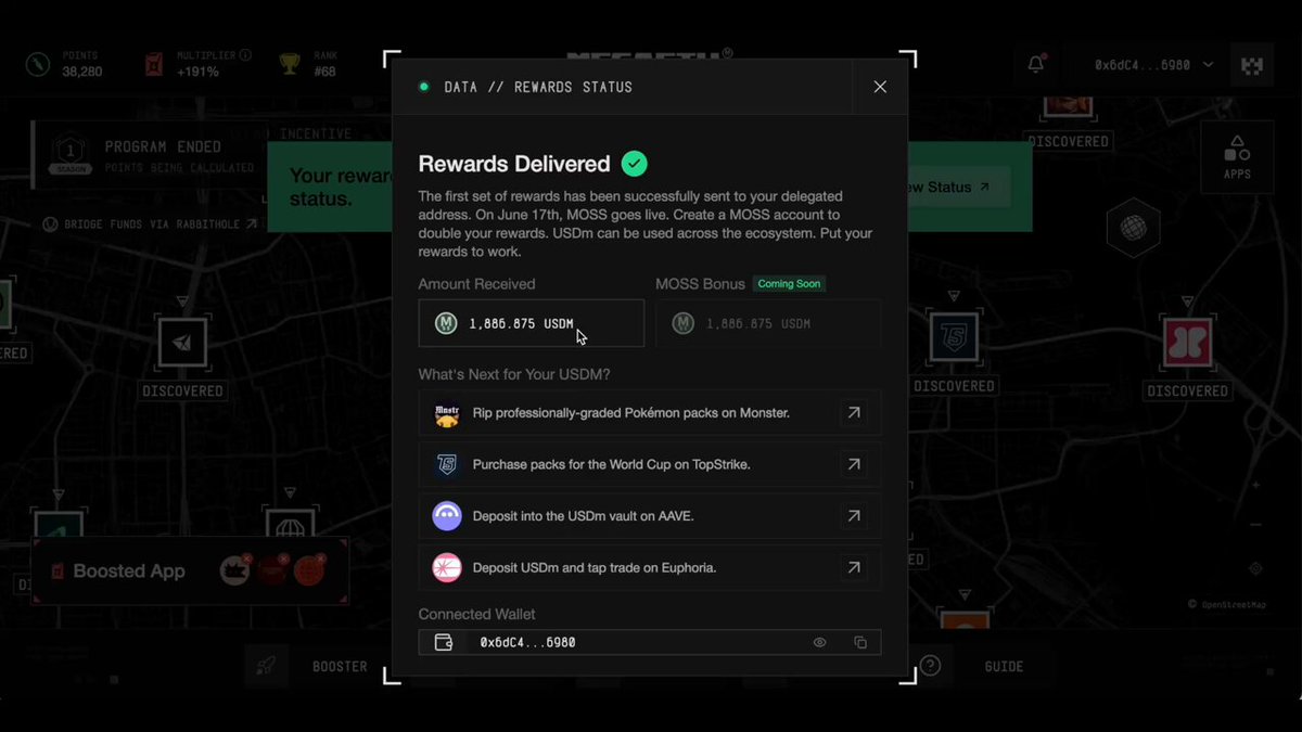 The image shows a message from a user named @megaeth, which is displayed on the bottom of the screen. The primary focus of this message is a reward system that allows users to reinvest their rewards in the project and earn points, which can be redeemed for $MEGA at a discounted price. This seems to be an opportunity for the user to reinvest their time and effort into the project or game they are playing, while also enjoying some extra benefits from the program. The post mentions creating a MOSS account and using it to double their rewards soon, providing guidance on how to make full use of this system.
