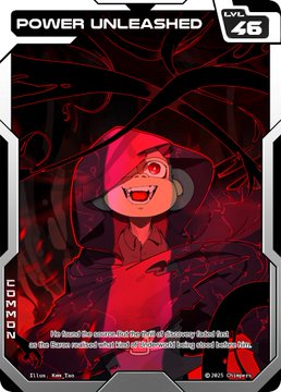 A trading card titled 'POWER UNLEASHED' featuring the character Elmo in a sinister red-tinted design, marked as card #46 with a dark, shadowy background.
