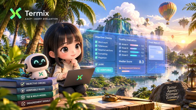 A promotional graphic for 'Termix - AACP • AGENT EVALUATION', featuring a chibi-style girl with a small robot working on a laptop in a tropical fantasy setting, with floating UI panels showing objective checks, quality evaluation scores, and 'Median Score 8.3'.