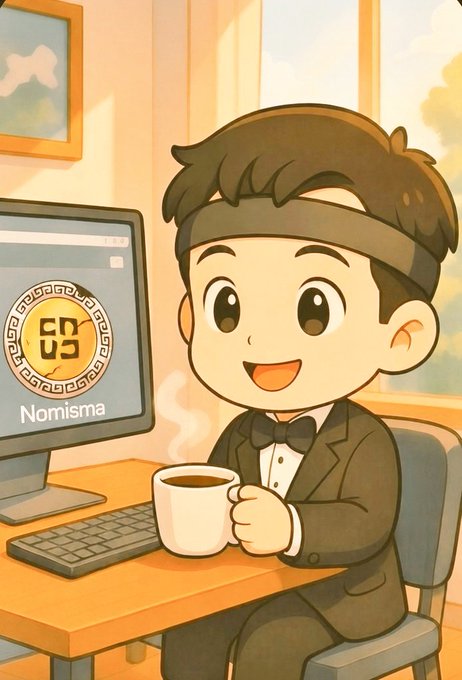 The image features a cartoon boy sitting at a desk holding a cup of coffee, wearing a suit and tie. The background shows a window overlooking trees outside. The caption for the image reads "@NomismaNetwork I am with Nomisma. Are you with Nomisma too?". This suggests that the image is related to the social media platform Nomisma, which has a focus on promoting sustainable living and environmental awareness through its various campaigns and initiatives.