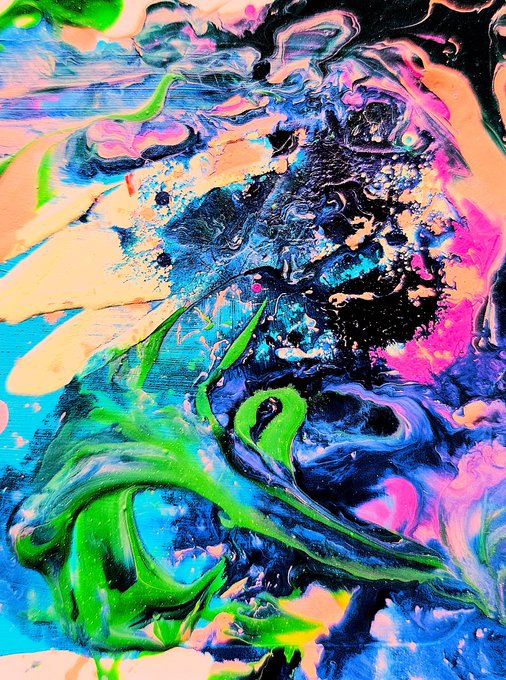 An abstract painting features swirling, vibrant colors including pink, green, blue, orange, and black in a chaotic, marbled composition.