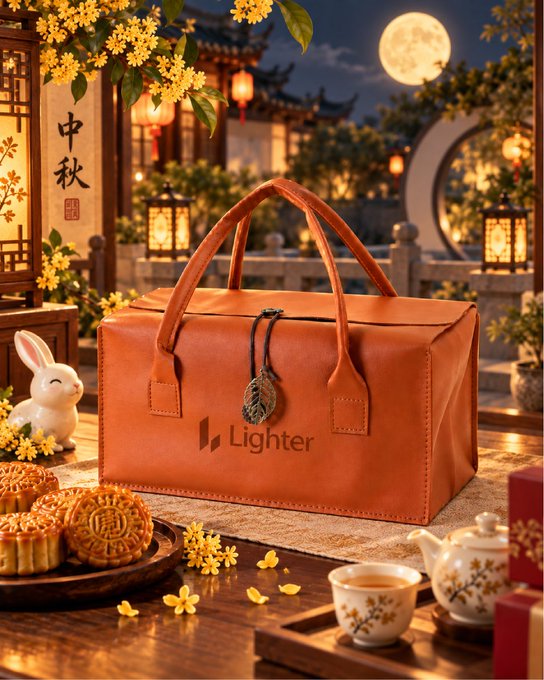 A tan leather gift bag engraved with the "Lighter" logo sits prominently on a wooden table adorned with mooncakes, tea, and scattered osmanthus petals, with a moonlit traditional Chinese garden scene in the background featuring a "中秋" (Mid-Autumn) calligraphy scroll. The image showcases one of Lighter's custom Mid-Autumn Festival gift packages being promoted in the accompanying giveaway post.