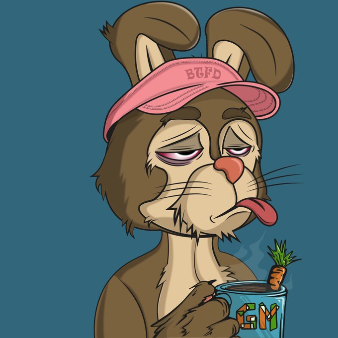 A tired, droopy cartoon rabbit wearing a pink "BTFD" (Buy The F***ing Dip) cap hangs its tongue out while holding a steaming mug labeled "GM" with a carrot beside it, capturing the exhausted yet hopeful mood of a crypto trader grinding through a Sunday while BTC holds steady in the $62k–$63k range.