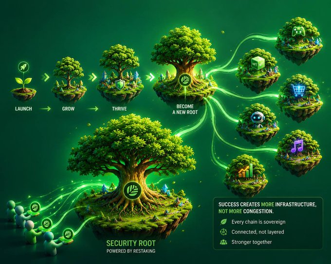 An infographic illustrating a tree's growth stages from 'LAUNCH' to 'GROW' to 'THRIVE' to 'BECOME A NEW ROOT,' with branches leading to icons for gaming, e-commerce, and music, labeled 'SECURITY ROOT POWERED BY RESTAKING' and noting 'SUCCESS CREATES MORE INFRASTRUCTURE, NOT MORE CONGESTION.'