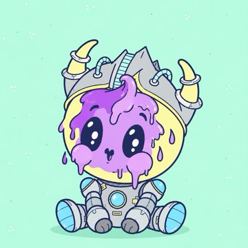 A cute cartoon illustration of a small purple alien-like character wearing a damaged spacesuit helmet, dripping with pink liquid, set against a mint green background.