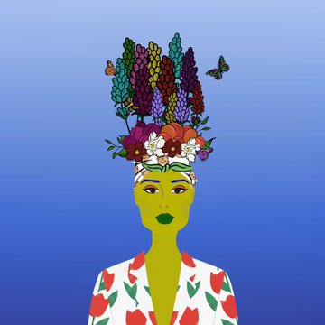 A stylized digital illustration of a woman with green skin, red lipstick, and an elaborate floral and butterfly headdress, wearing a white top with red tulip patterns against a blue gradient background.