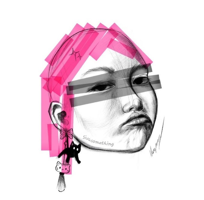 A sketched portrait of a person with a confident expression is overlaid with bold pink tape-like strokes and features playful cartoon elements—a black cat, a Hello Kitty charm, and a pink bow—as earrings, embodying the "Pink Attitude" collaboration between artists @AnastasiaNFTart and @Sivasomething, whose name is tagged on the cheek.
