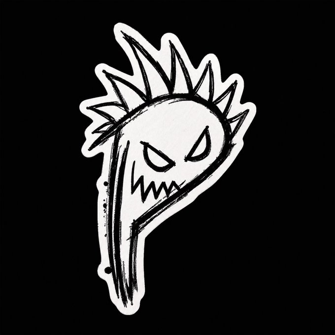 A stylized black and white sketch sticker featuring a spiky, menacing character with sharp teeth and a long pointed neck or stem.
