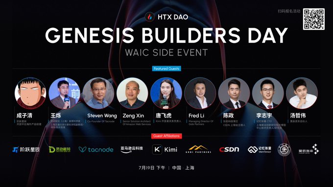 Promotional graphic for the "GENESIS BUILDERS DAY – WAIC SIDE EVENT" hosted by HTX DAO, featuring headshots of nine featured guests including 成子潇, 王炼, Steven Wang (Co-Founder of Tacnode), Zeng Xin (Senior Solution Architect of Amazon Web Services), 唐飞虎, Fred Li (Managing Director of Gate Ventures), 陈政 (COO of 火币HTX), 李志宇 (CTO of Cobo), and 汤哲伟, along with guest affiliations from 阶跃星辰, 思必驰, tacnode, 星迈微云科技, Kimi, Mountain Capital, SDN, 仓实数金, and 旌顺咨询, scheduled for July 19 in Shanghai, China, with a QR code in the upper right for event registration. The graphic visually supports the post announcing the upcoming HTXDAO GENESIS Hackathon Grand Finals, showcasing the event's lineup of AI × Web3 builders, ecosystem partners, and