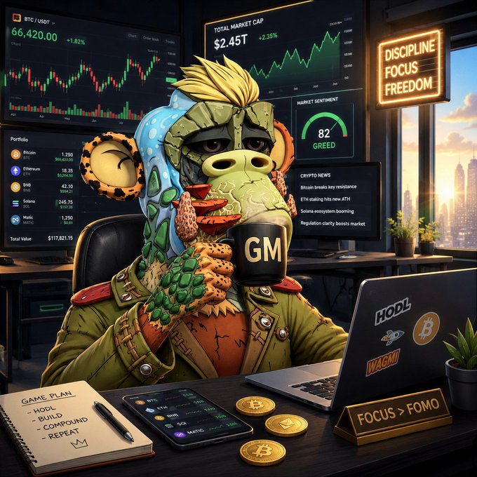 A digital illustration of a green, reptilian NFT character in military-style attire holding a 'GM' mug at a desk, surrounded by cryptocurrency trading screens showing BTC/USDT at 66,420.00, portfolio holdings including Bitcoin, Ethereum, BNB, Solana, and MATIC, and motivational signs reading 'DISCIPLINE FOCUS FREEDOM' and 'FOCUS > FOMO.'