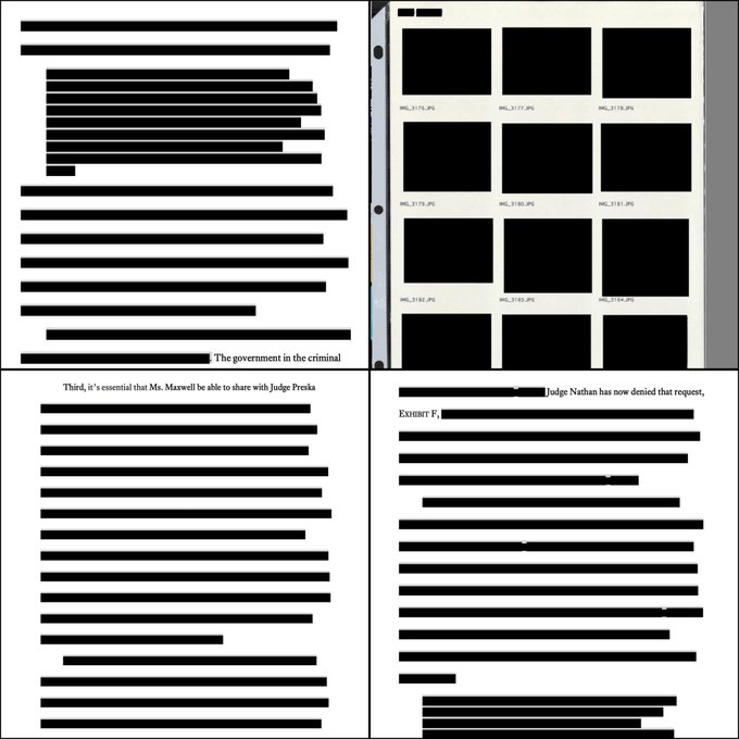 A redacted court filing references "Ms. Maxwell" sharing materials with "Judge Preska," "Judge Nathan," and "Exhibit F," alongside a page of blacked-out image thumbnails labeled IMG_3170.JPG through IMG_3194.JPG, appearing to document the government's exhibit disclosure process in the Ghislaine Maxwell criminal case.