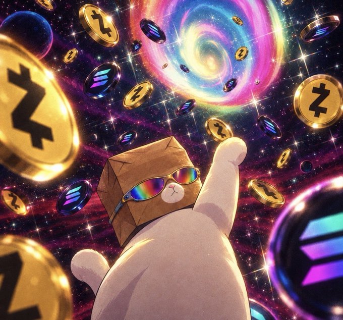 An illustration of a small character with a paper bag over its head and rainbow sunglasses, reaching up toward a swirling cosmic vortex filled with gold coins bearing a 'Z' symbol and other floating coins.