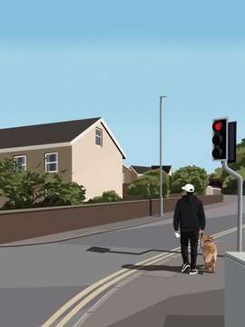 The image depicts a stylized, minimalist scene of a person in a cap walking a dog down a suburban street toward a red traffic light, with simple houses and trees in the background. The illustration conveys a quiet, everyday moment, reflecting the approachable, casual aesthetic often associated with the NFT drop listed for 0.1 ETH on @TransientLabs.