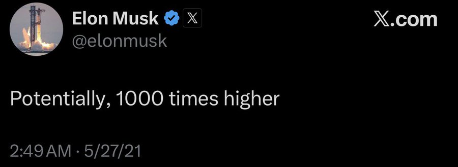 A tweet from Elon Musk (@elonmusk) posted on 5/27/21 at 2:49 AM reads "Potentially, 1000 times higher." The post pairs with the caption about XRP 1000x, likely referencing Musk's vague statement being associated with speculation about XRP achieving a 1000x return.