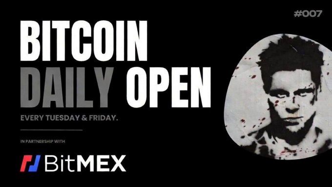 A promotional graphic for "BITCOIN DAILY OPEN" episode #007, airing every Tuesday and Friday in partnership with BitMEX, featuring a stylized portrait of a man against a black background. The image ties to the announcement that a market review will be uploaded at the New York Open on Twitter, covering $HYPE, $ETH, and commentary from Ansem.