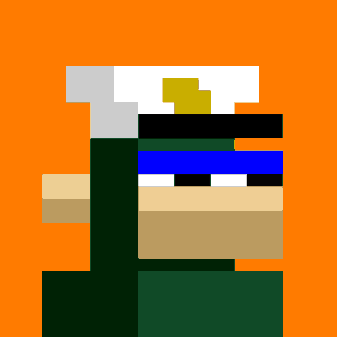 A minimalist, pixel-art style composition on an orange background, featuring geometric shapes in green, blue, white, black, and tan arranged abstractly.