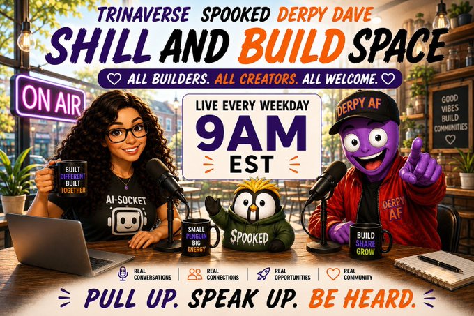 A promotional graphic for the "Trinaverse" show "Shill and Build Space," featuring characters and the text "Spooked" and "Derpy Dave," announcing it airs live every weekday at 9AM EST with the tagline "Pull Up. Speak Up. Be Heard." The lively, podcast-style image directly supports the post's invitation to join the fun, casual Monday broadcast to network and discuss the real costs of launching a meme coin or brand.