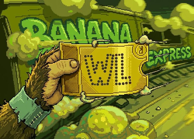 A pixel-art style image shows a furry paw holding a golden ticket that reads "GOLD," set against a green background featuring the text "Banana Express," a train, and bananas—matching the playful tone of the post about limited-time collaboration spots being claimed on a "gMonke" drop.