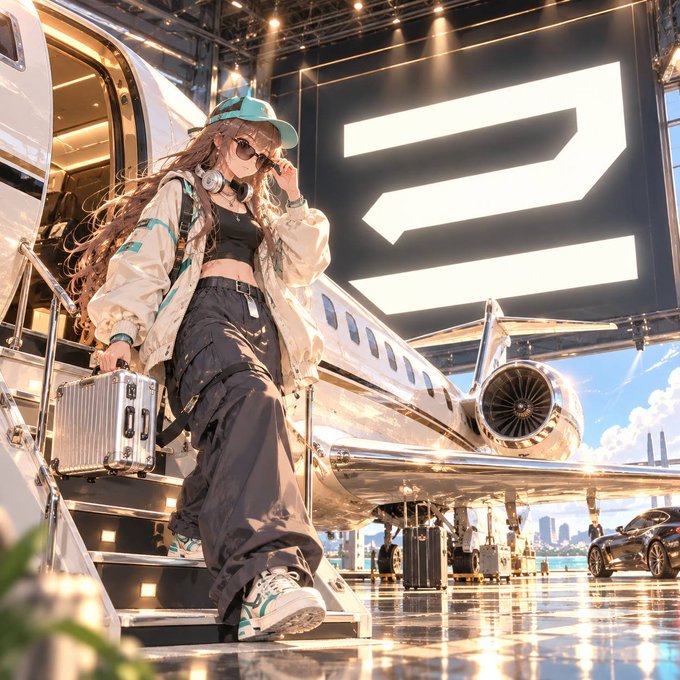 A stylized image of a woman in streetwear (white jacket, black pants, teal cap) carrying a silver suitcase while walking down stairs from a private jet, with a large illuminated logo in the background.