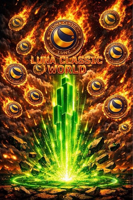 A dramatic digital artwork for 'LUNA CLASSIC WORLD' displays glowing green crystal shards bursting from the ground, surrounded by floating 'LUNC' cryptocurrency coins against a fiery, volcanic background.