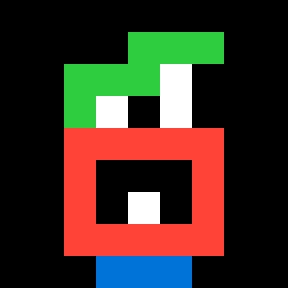 A pixel-art style digital collectible featuring a red blocky character with green pixelated hair, white square eyes, and a small white mouth, set against a black background with a blue base. The image represents one of the 10 editions of the "O9e9e" NFT, minted fully onchain and listed on objkt.com.