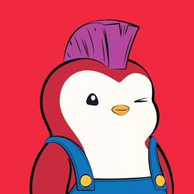 A cartoon chicken character with a purple mohawk and blue overalls winks on a red background.
